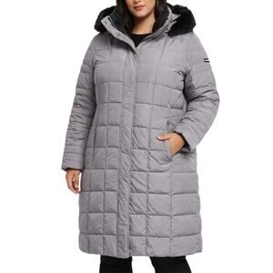 Calvin Klein Gray Duck Down Filled Long Puffer Hooded Coat Faux Fur Lining P XL